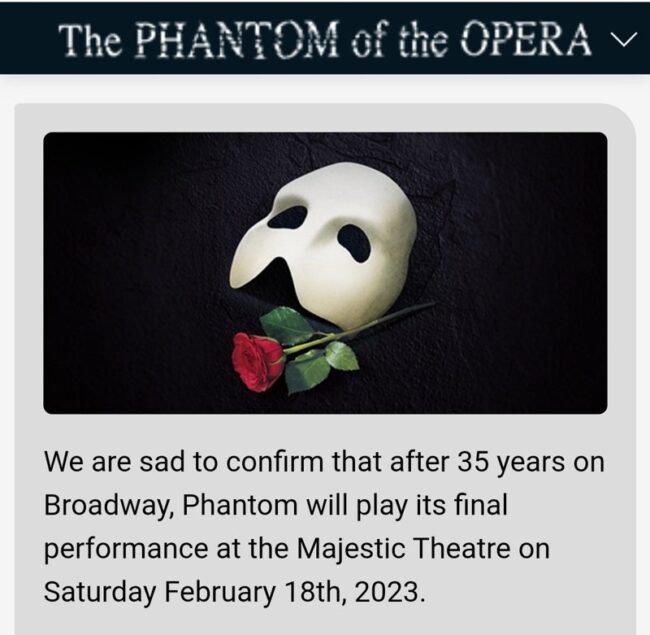 ブロードウェイのオペラ座の怪人2023年2月終演のお知らせ公式HP